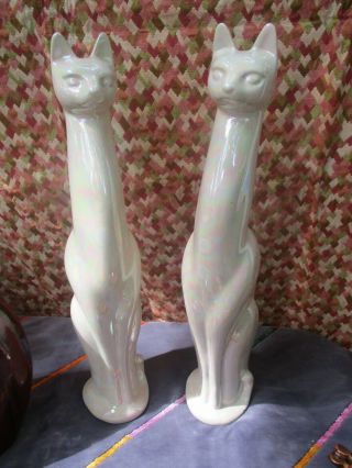 1 Pair 17.  5x4 Vtg Mid Century Modern Heavy Ceramic Mother Of Pearl Siamese Cats