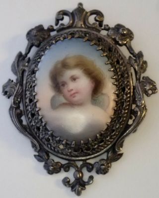 Antique Victorian Silver Plate Hand Painted Porcelain Cherub Locket Pendant