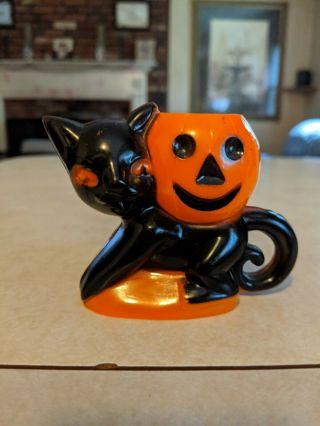 Vintage Rosbro Halloween Hard Plastic Candy Container Black Cat And Pumpkin