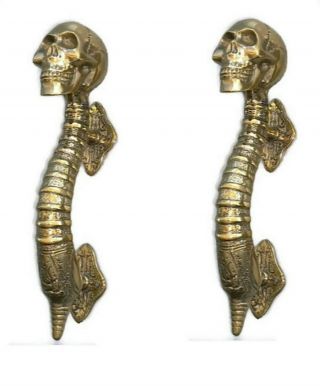 2 Small Skull Handle Door Pull Spine Brass Old Vintage Style Polished 8 " B
