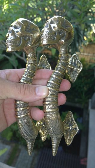 2 small SKULL handle DOOR PULL spine BRASS old vintage style Polished 8 
