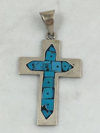 Vintage Carlos Taxco Mexican Sterling Silver Turquoise Crucifix Cross Pendant