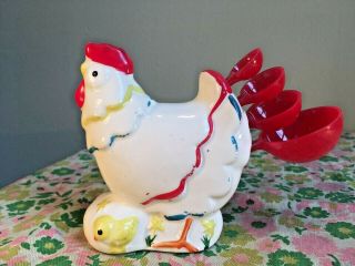 Vintage Ceramic Rooster Chicken Hen - Measuring Spoon Holder With Spoons 1960 