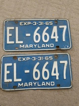 Vintage Maryland 1964 1965 License Plate Pair,  El6647