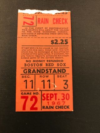 1967 Boston Red Sox Ticket Sept 30.  Carl Yastrzemski Hr Wins Pennant /mvp/ Tc Vg