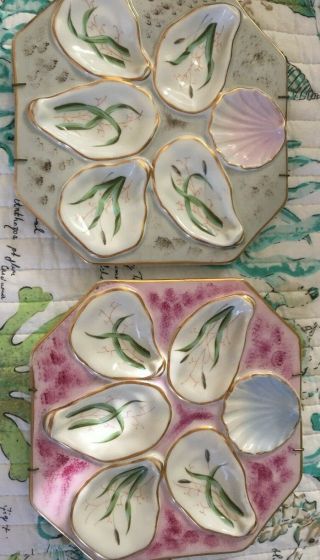 2 Antique Octagon 8 Sided Hand Painted Unmarked Oyster Plates Seaweed Design
