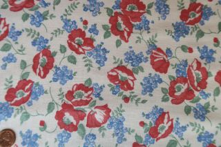 One Vintage Feedsack Red Flowers Tiny Blue Flowers 36x45 Cleaned