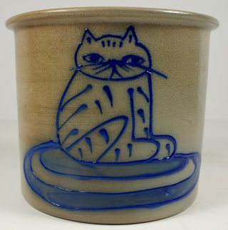 Vintage Beaumont Brothers Salt Glaze Pottery 1 Qt Crock W Cobalt Blue Cat On Rug 2