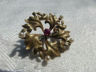 Antique Victorian Solid 14k Gold European Ruby Seed Pearl Swirl Leaf Brooch