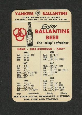 1958 York Yankees Baseball Schedule Ballantine Beer Ale Celluloid