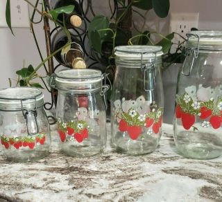 Vintage Strawberry Carlton Glass Canisters - - Set Of Four