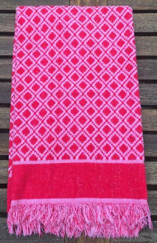 Vintage Cannon Red Pink Tones Diamond Geometric Bath Towel W/fringe 100 Cotton