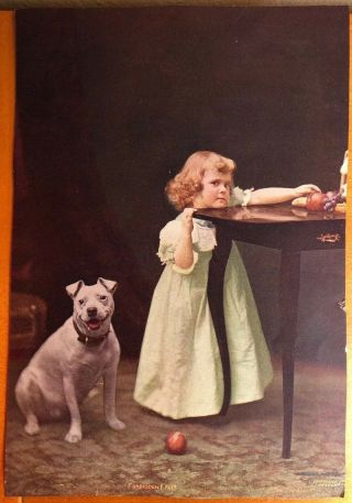 Antique Vtg Little Girl W/ Dog Stealing Fruit Litho Art Print Blue Dress Child
