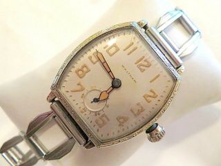 Vintage Men ' s Waltham Art Deco 1920s 14K White GF Watch w/ Deco Band - Running 2