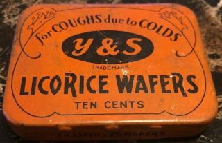 Vintage Advertising Tin Y & S Licorice Wafers Medical Candy Ad Antique Patina