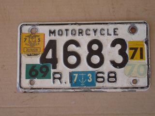 Rhode Island Motorcycle License Plate,  Tag,  1968 Base,  Harley,  Honda