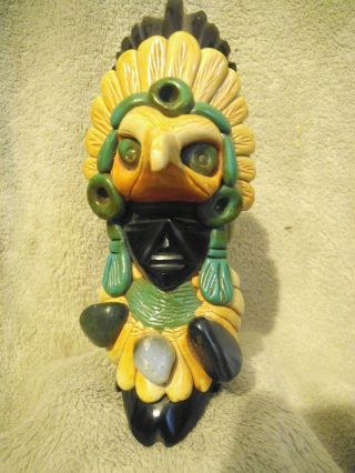Vintage Onyx Stone Aztec Mayan Inca Warrior Figurine Mexico Colorful Clay