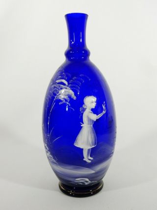 Antique Victorian Mary Gregory Vase Cobalt Blue Edwardian Flower Enamel Painted