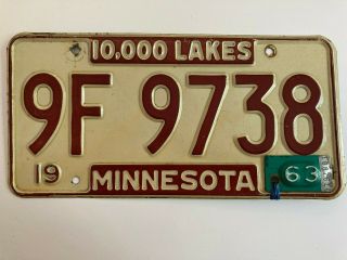 1963 Minnesota License Plate Metal Year Tab On 1962 Base All