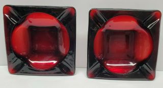 Set Of 2 Vintage 6” Red Ruby Glass 4 Slot Square Ashtrays (one Is Chipped)