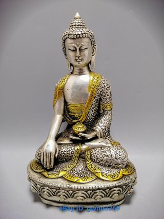 Chinese Old Tibet Silver Hand - Carved Sakyamuni Tibetan Buddhism Buddha Statue A1