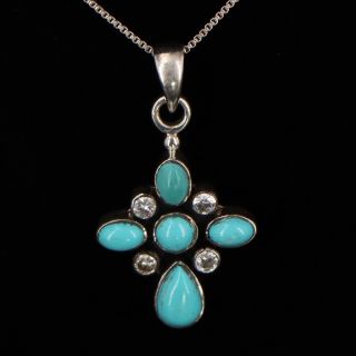 Vtg Sterling Silver - Turquoise & Cz Cross Pendant 20.  5 " Chain Necklace - 6.  5g