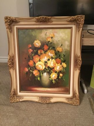 Signed Oil Floral Painting.  Vintage Frame.  Signed Rosa 22x26”