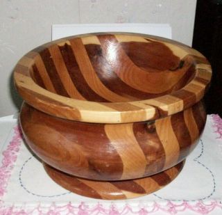 Vintage Hand Crafted Folkart Solid Wood Fruit Nut Bowl Dark Light Stripes Great