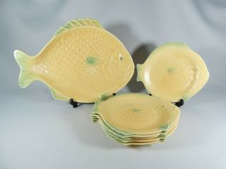 Antique Art Deco Shorter & Son Yellow Green 7pc Fish Serving Platter Plate Set