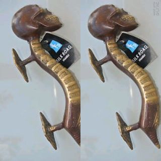 2 Skull Handle Door Pull Spine Solid Brass Old Look Vintage Style Aged 210mm B