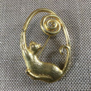 Unsigned Vintage Jj Jewelry Art Deco Cat Gold Tone Brooch Pin [ml05]