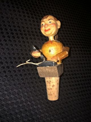 Vintage German Hand Carved Wood Puppet With Phone Cork Wine Bottle Stoppers Anri