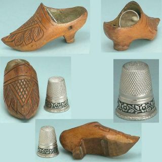 Small Antique Carved Shoe W/silver Flower Band Thimble Germany Circa 1900s