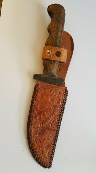 Vintage Hand Tooled Leather Knife Sheath And Knife With Wood Handle