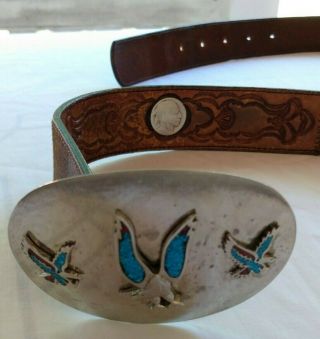 Vtg Turquoise Buffalo Nickel Belt; 3 Bolo Ties:turquoise Arrow,  Turtle & Granite