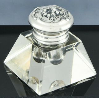Lovely Antique Art Nouveau Floral Repousse Sterling Silver & Cut Glass Inkwell