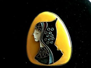 Vintage Yellow Enamel Lady Sterling Pin Or Pendant Israel