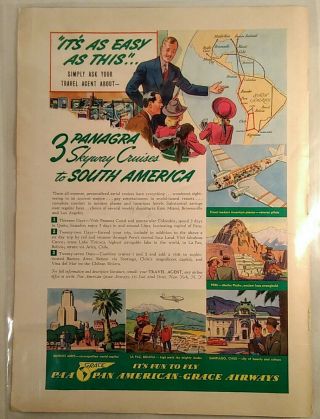 Vintage 1940 Pan - Am Airlines Panagra Print Ad Pan - American Grace Airways Map Sa