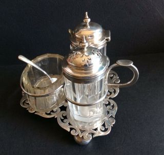 Victorian Sterling Silver 3 - Piece Condiment Set On Sterling Silver Stand - 1869