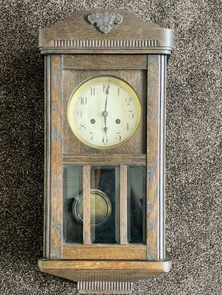 Antique Early 20th Century Solid Oak Wall Clock With Chime Pendulum