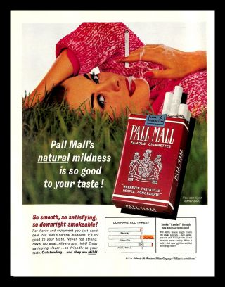 1963 Pall Mall Cigarettes Vintage Print Ad Natural Grass Woman Relaxing 1960s