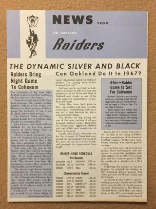 Oakland Raiders 1967 Silver Black Newsletter Rare John Madden Rookie