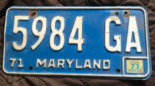 Maryland 1971 License Plate Vintage With 1973 Sticker
