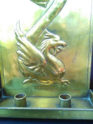 ARTS AND CRAFTS DRAGON DOUBLE BRASS CANDLE SCONCE SCOTTISH SCHOOL SIGNED 2