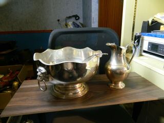 Silver Plated Punch Bowl With Lions Head Handle,