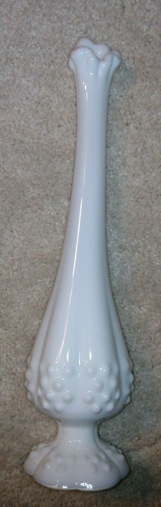 Vintage Signed Fenton Milk Glass Hobnail Stretched Swung Bud Vase Ruffle Top 11 "