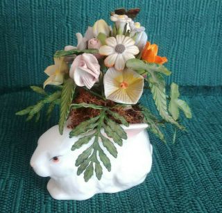 Vintage Petite Choses Metal Ceramic Flowers In Bunny Rabbit Ceramic Planter.