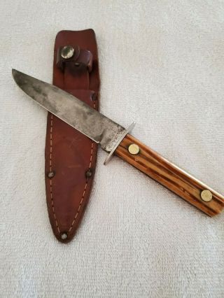 Vintage 8 3/4 " Utica (?) Fixed Blade Knife W/ Stag Handle & Leather Sheath