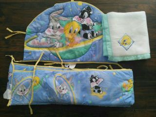 Vintage Baby Looney Tunes Crib Bumper Set Space Orbit Bugs Bunny - - Tweety Blanket