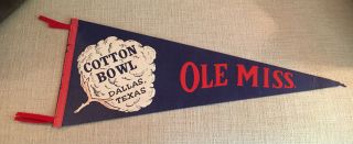 Vintage Ole Miss Rebels 1962 Cotton Bowl Football Pennant 29 X 12 Inch